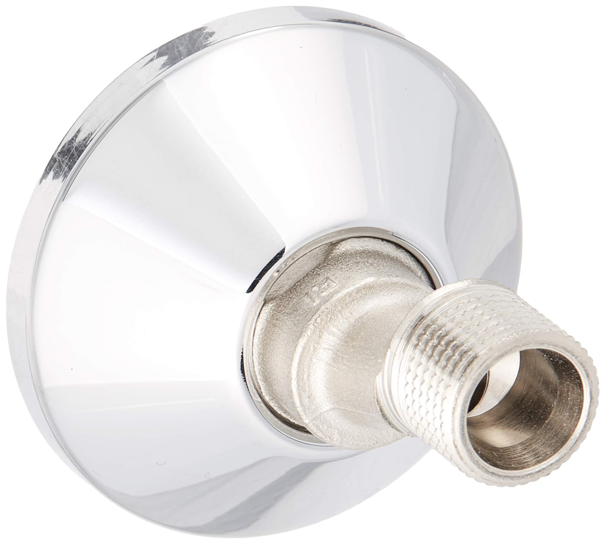 Chrome S-union connector with white threaded fitting attached to circular mounting base.