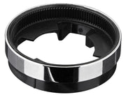 Chrome and black plastic 1/2" stop ring with grooved interior and threaded outer edge for Grohe faucet assembly.