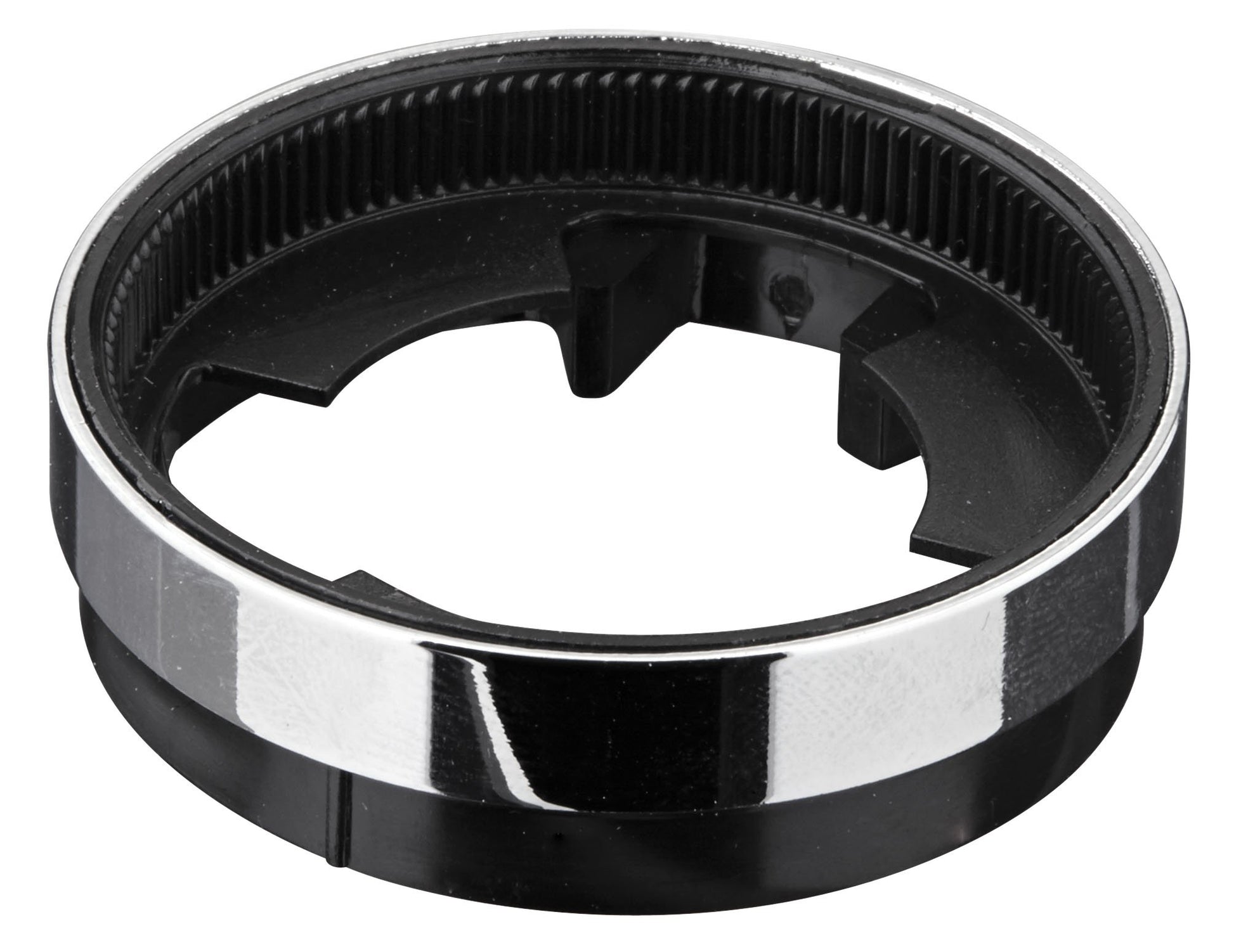 Chrome and black plastic 1/2" stop ring with grooved interior and threaded outer edge for Grohe faucet assembly.