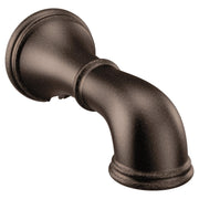 Oil rubbed bronze tub spout with curved downward outlet and slip fit connection.