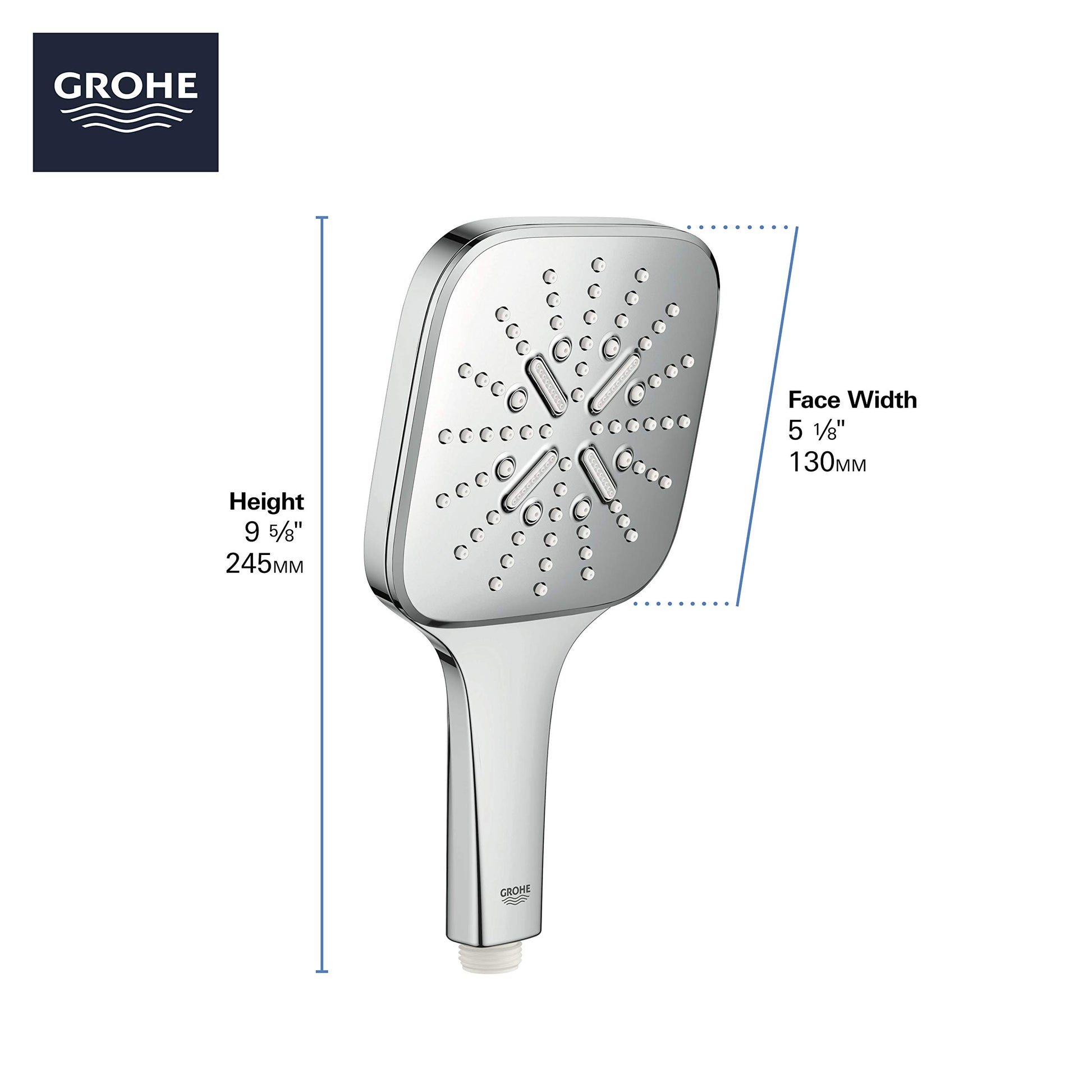 Chrome hand shower with square head and multiple spray nozzles, tapered handle, dimensions labeled.