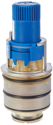 Blue and brass thermostatic cartridge with ridged top cap and metal mesh filter rings at base.