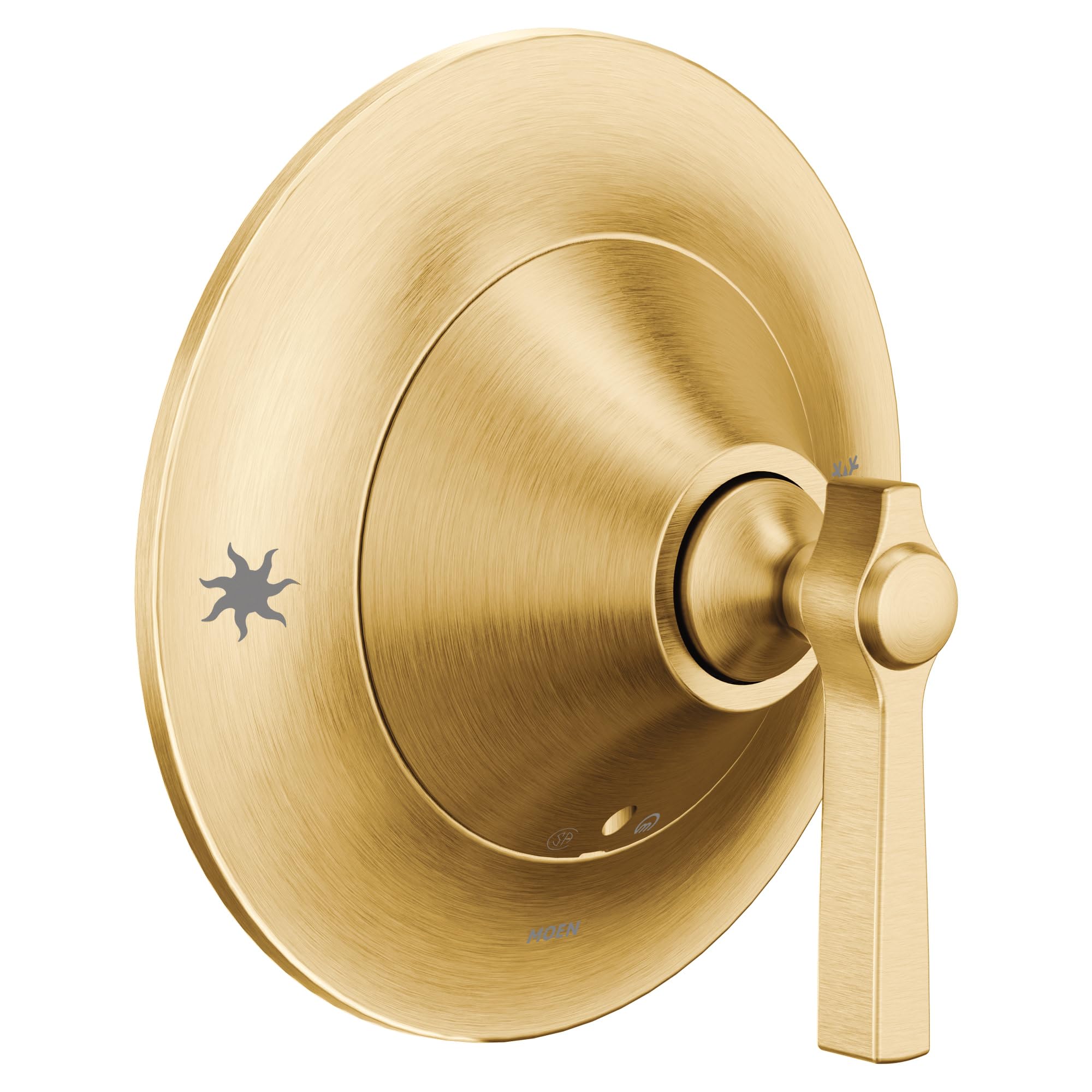 Brushed gold single-handle pressure balancing valve trim with circular escutcheon plate and lever handle.