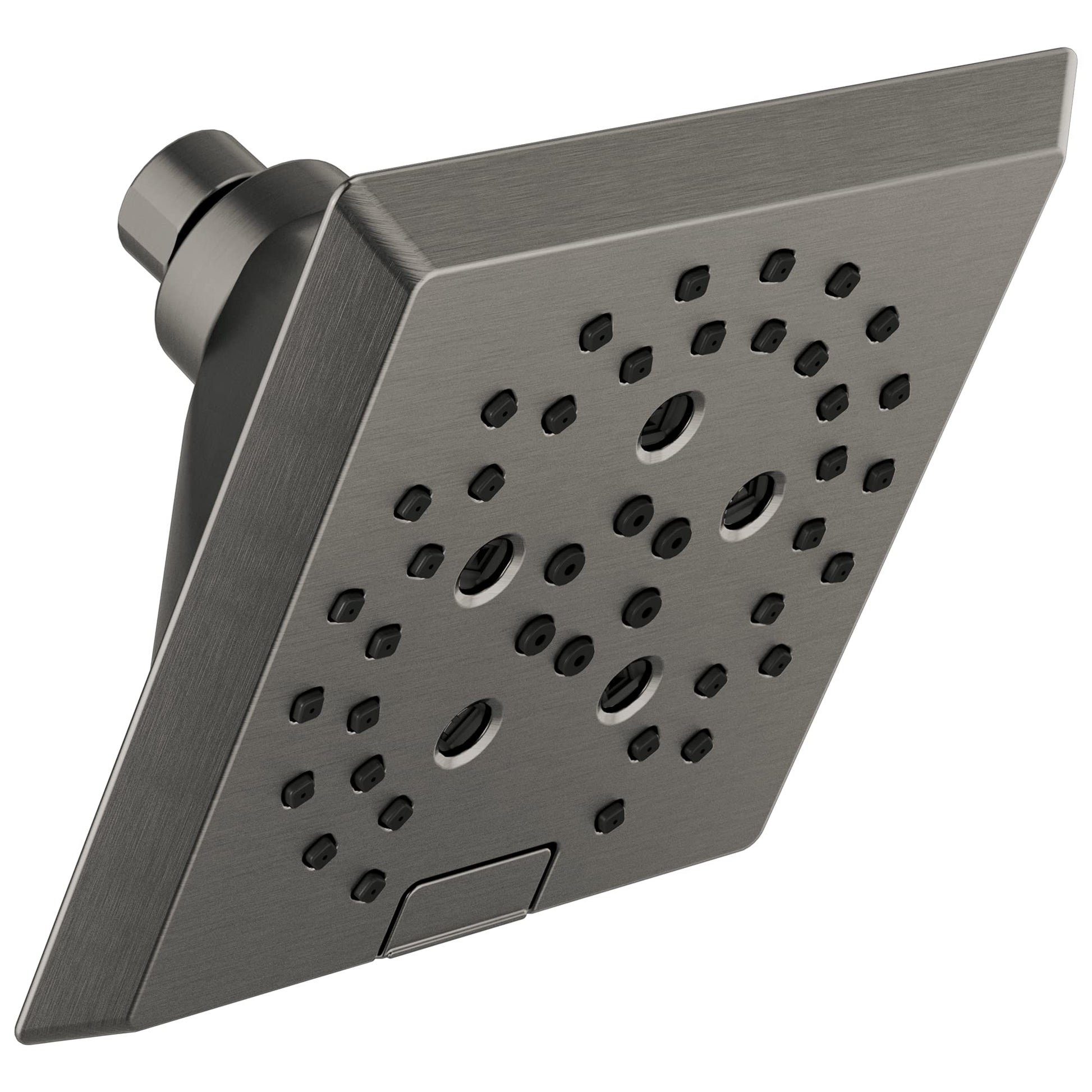 Brushed chrome square raincan shower head with multiple spray jets and cylindrical arm connector.