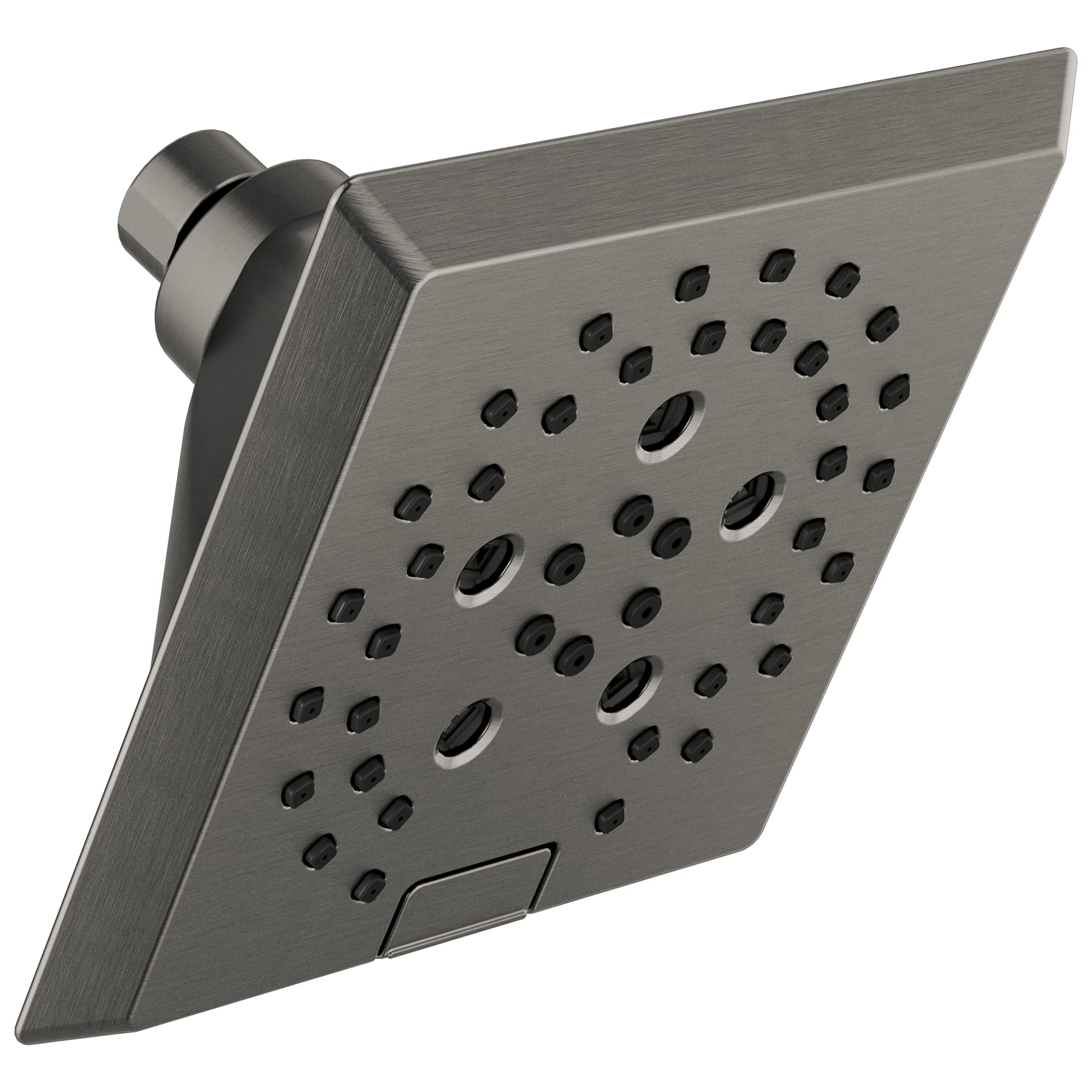 Brushed chrome square raincan shower head with multiple spray jets and cylindrical arm connector.
