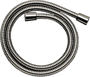 Coiled polished nickel metal handshower hose with rectangular connector ends.