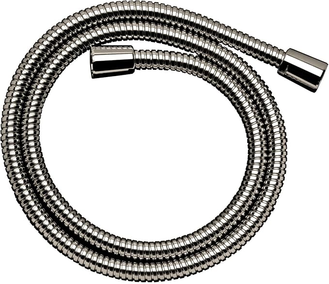 Coiled polished nickel metal handshower hose with rectangular connector ends.