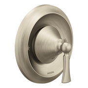 Brushed nickel shower valve trim with single lever handle and round escutcheon plate.
