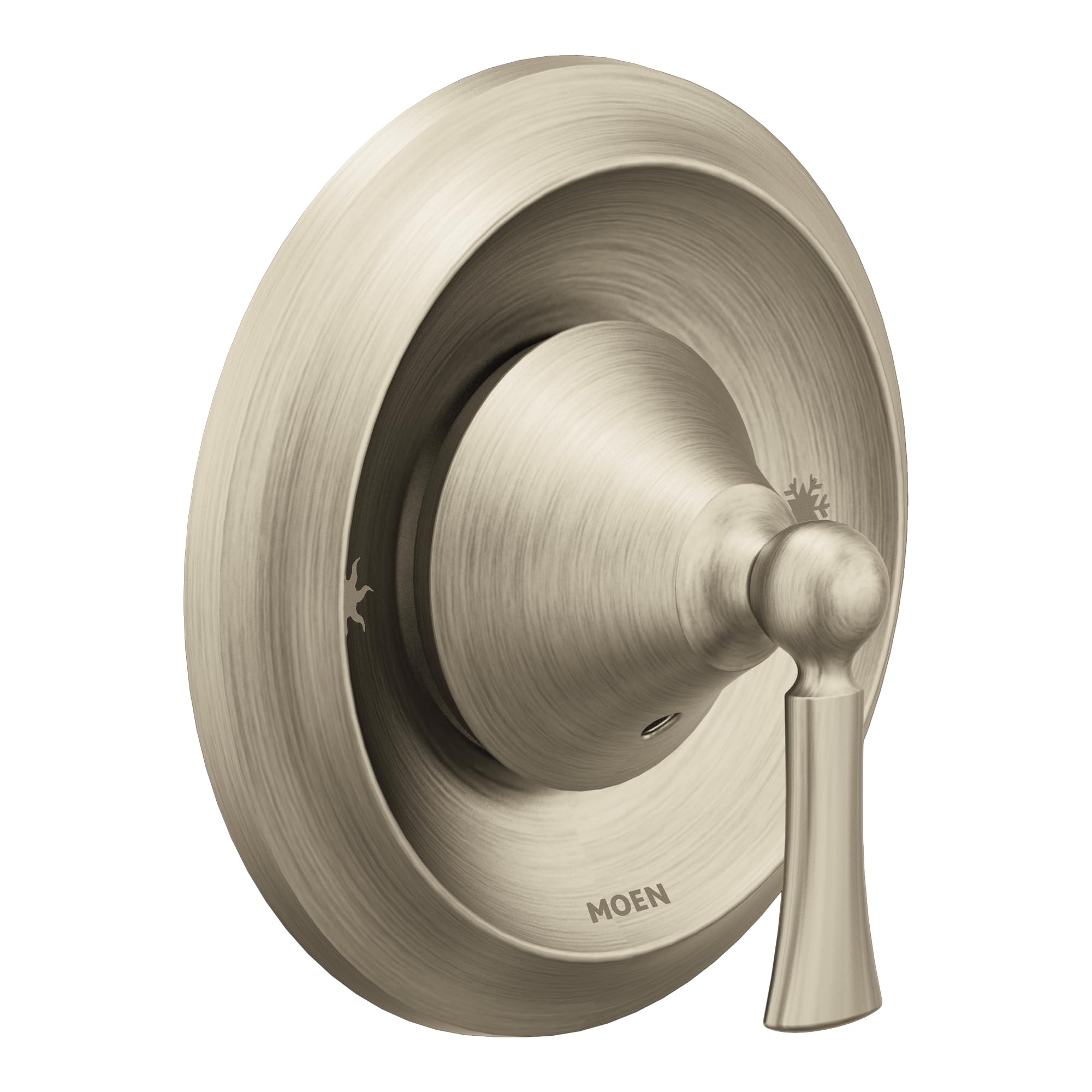 Brushed nickel shower valve trim with single lever handle and round escutcheon plate.