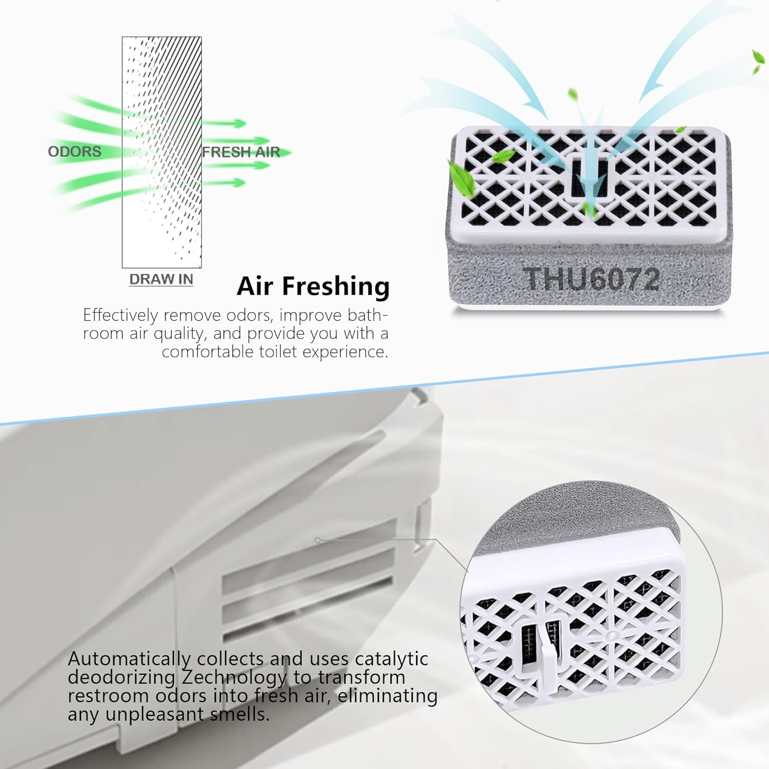 TOTO washlet deodorizer filter assembly with gray base, white lattice top, and activated carbon cotton material for odor remo