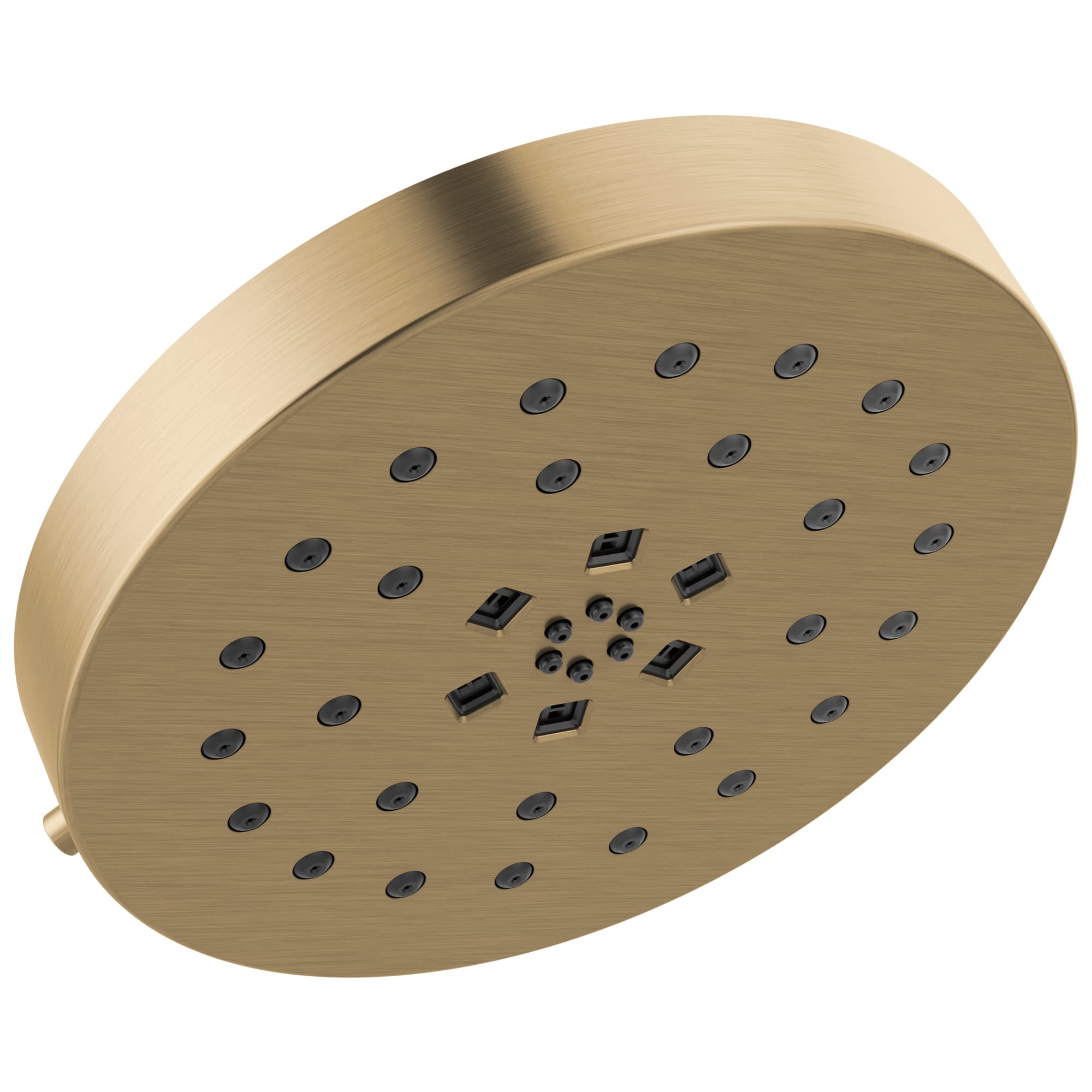 Brushed gold round shower head with multiple spray jets and control settings on face.