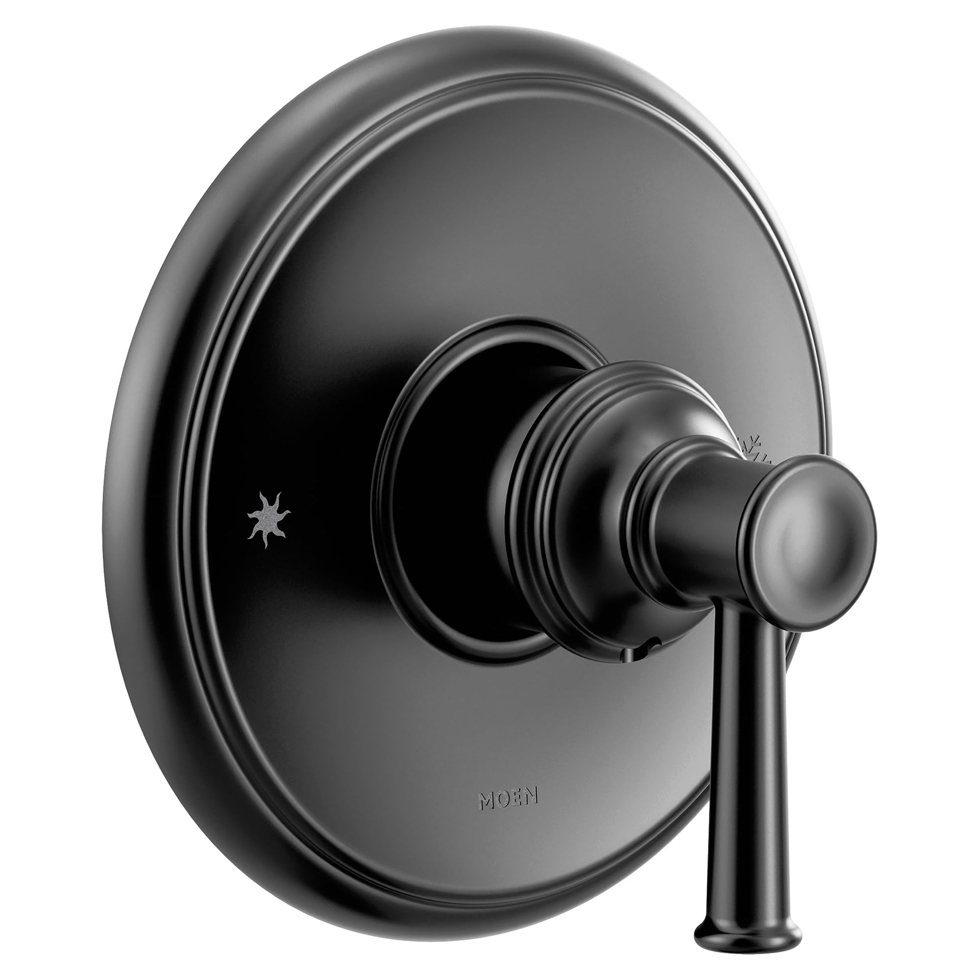 Matte black single-handle valve trim with circular escutcheon plate and lever handle.