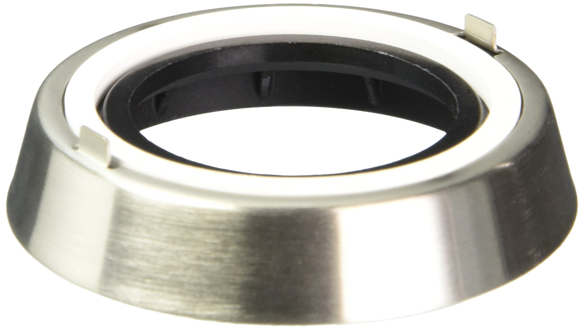 Stainless steel trim ring with black gasket and mounting base for Delta faucet installation.