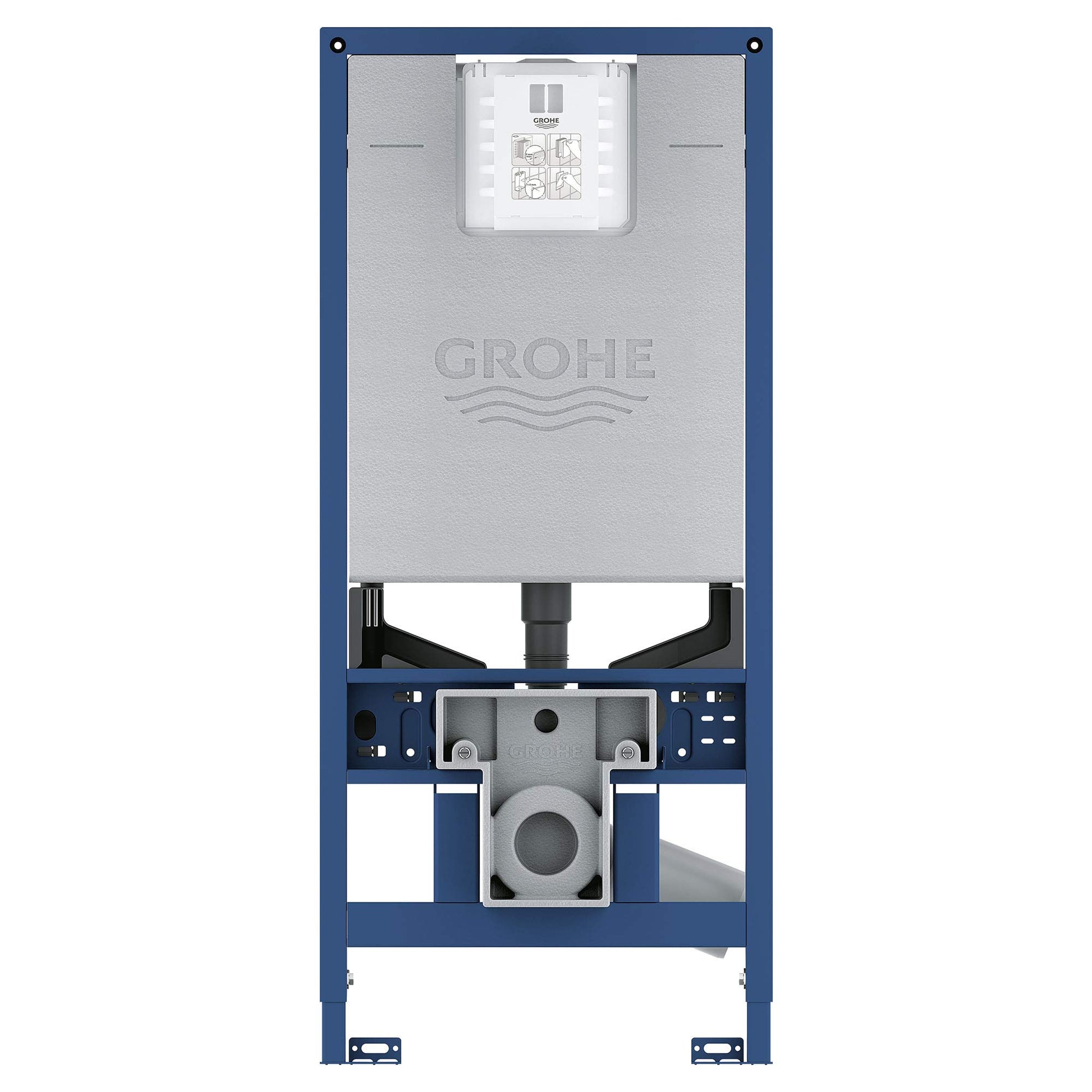 Grohe Rapid SLX in-wall carrier frame with gray mounting plate, white control module, and plumbing connections on blue steel 