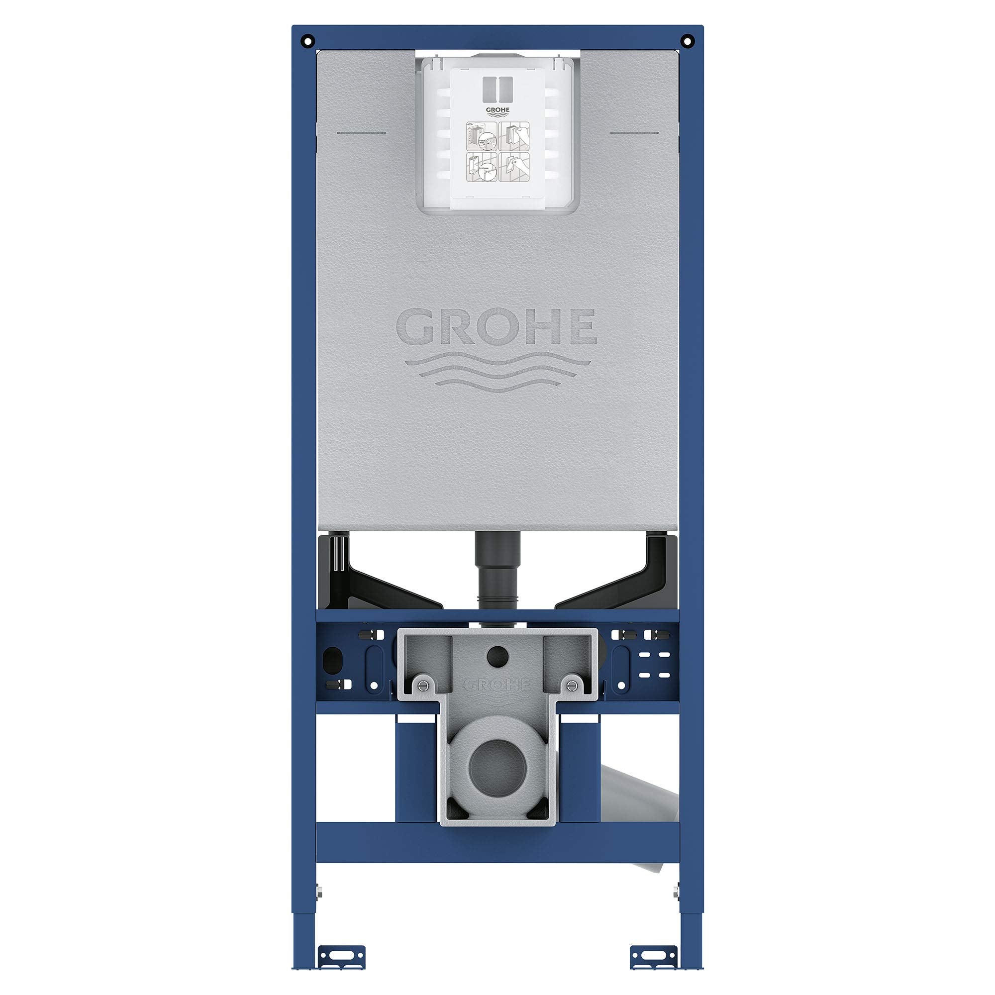 Grohe Rapid SLX in-wall carrier frame with gray mounting plate, white control module, and plumbing connections on blue steel 