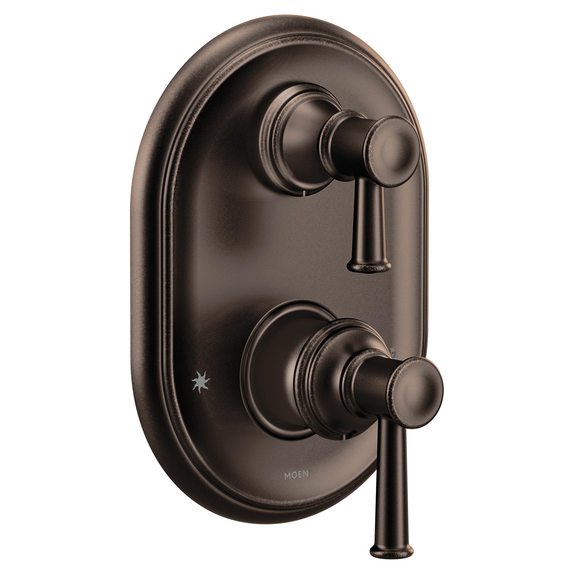 Oil rubbed bronze shower trim with two round handles and lever control mounted on oval backing plate.