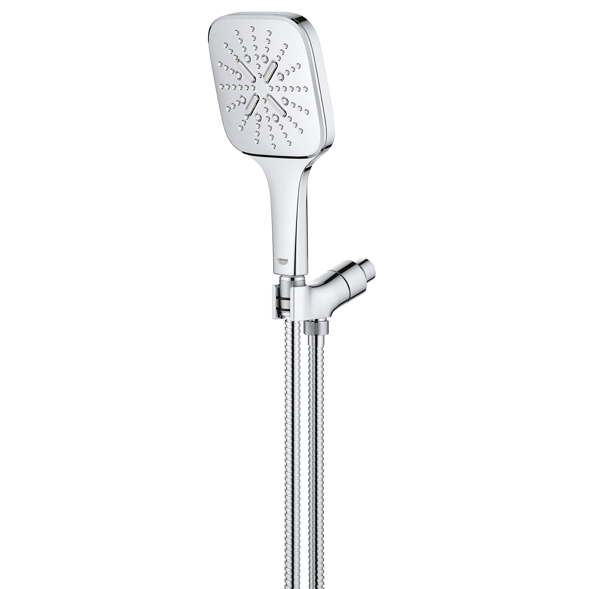 Chrome hand shower with square head featuring perforated spray holes, attached to flexible hose and wall mount connector.
