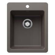 Volcano gray rectangular bar sink with single basin and chrome drain strainer, top-mount or undermount installation.