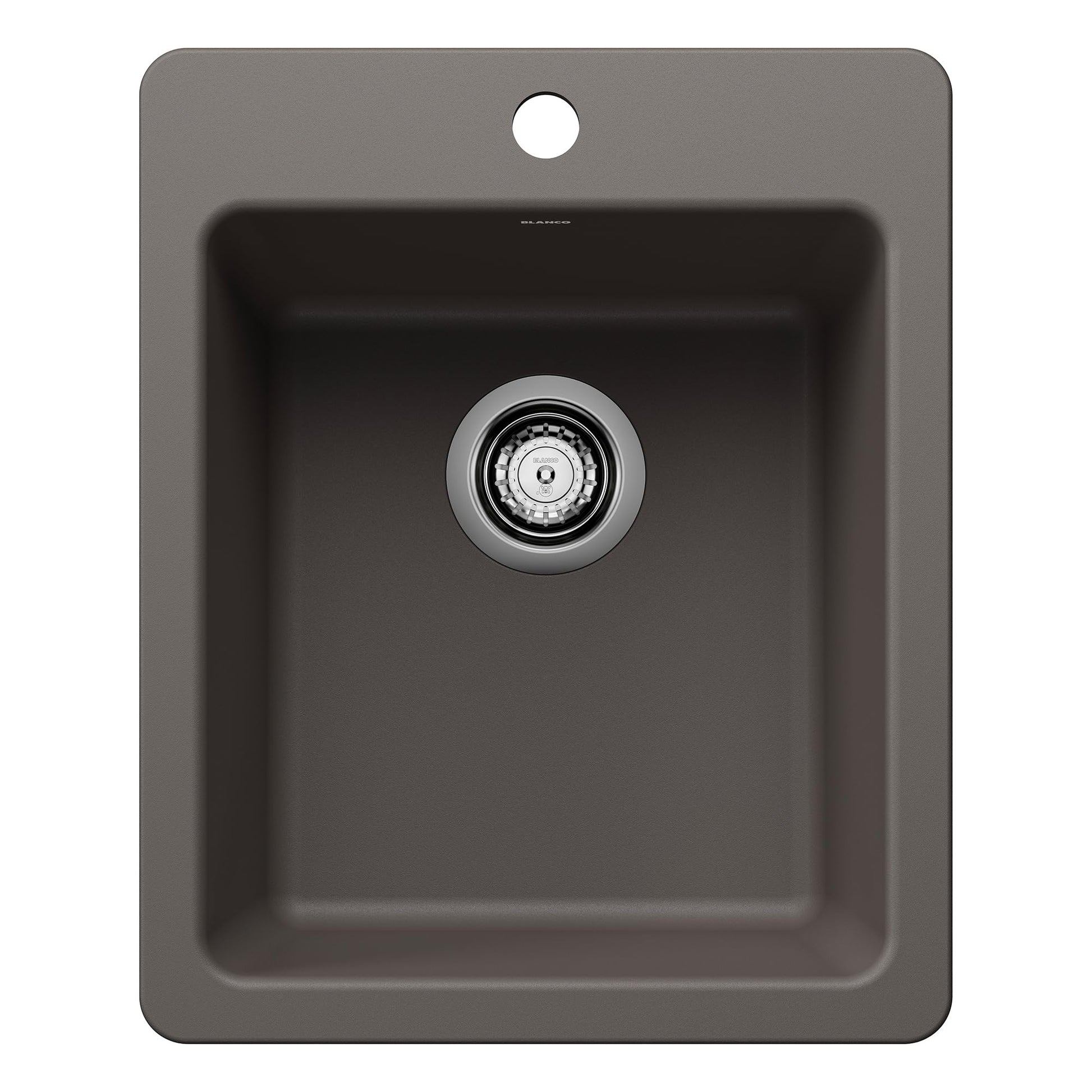Volcano gray rectangular bar sink with single basin and chrome drain strainer, top-mount or undermount installation.