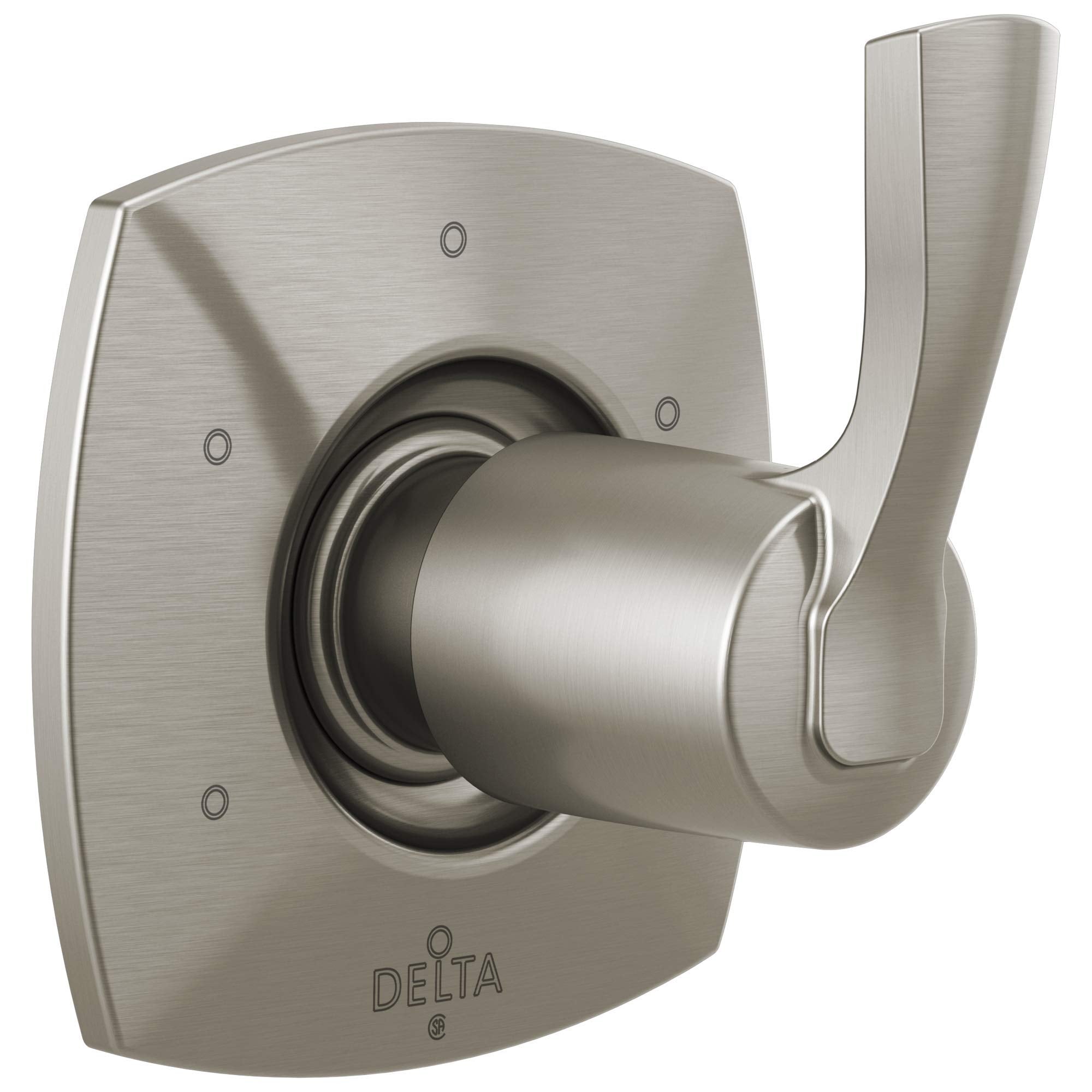 Brushed nickel diverter trim with curved lever handle and square escutcheon plate for shower valve control.