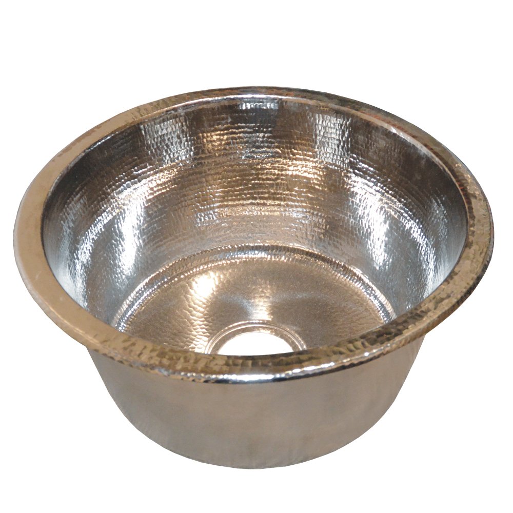 Polished nickel round bar sink with hammered interior texture and decorative beaded rim.