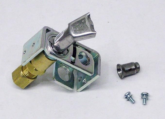 Robertshaw pilot valve assembly with brass inlet, metal mounting bracket, small cylindrical component, and two screws display