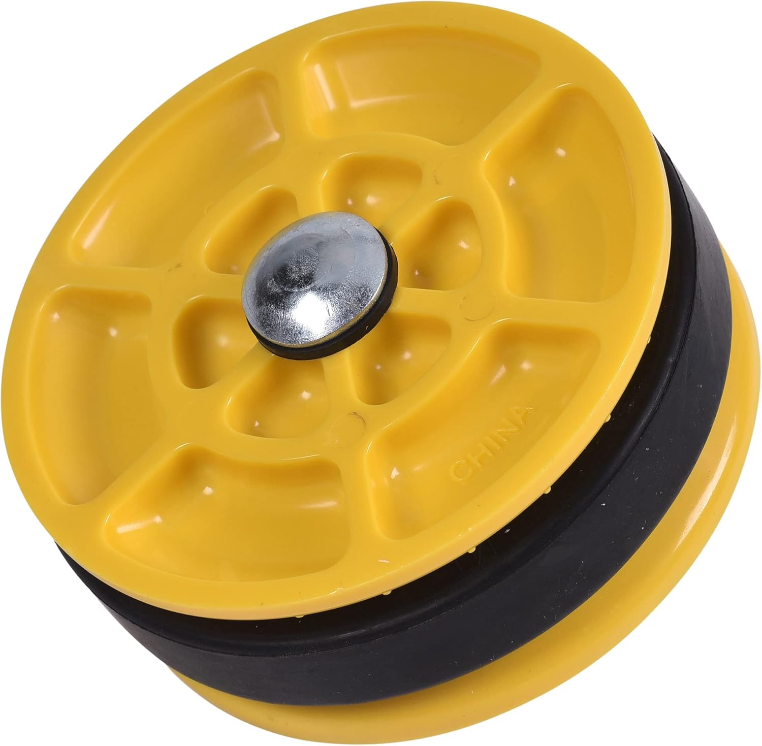 Yellow and black 4-inch inside gripper with metal center knob and rubber seal ring.