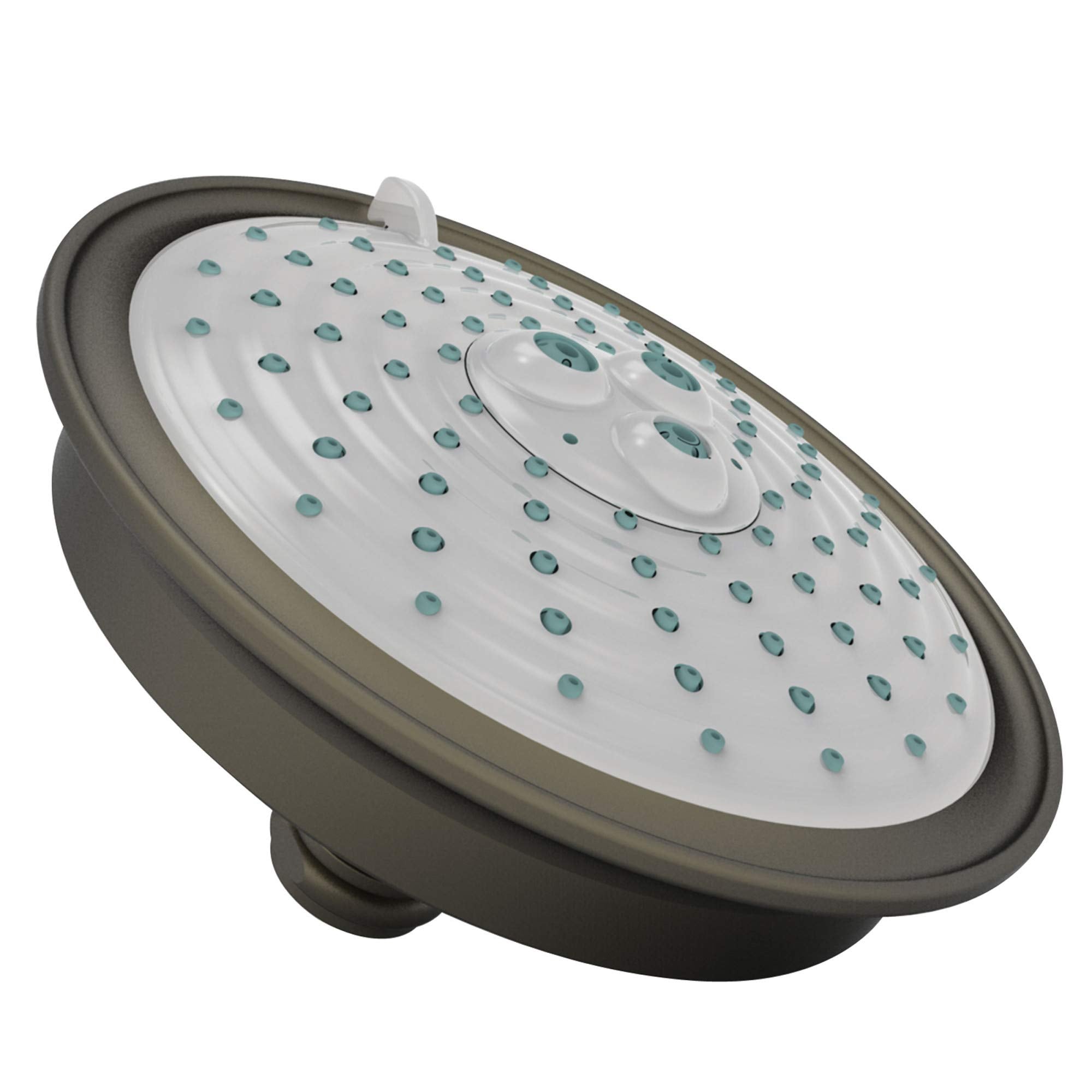 Round shower head with English bronze finish, white face with teal spray jets, and adjustment dial.