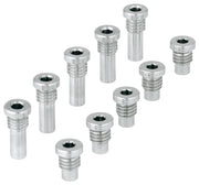 Set of ten chrome socket head screws with hex recesses in various sizes.