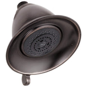 Venetian bronze round shower head with multiple spray holes and Delta branding on center dial.