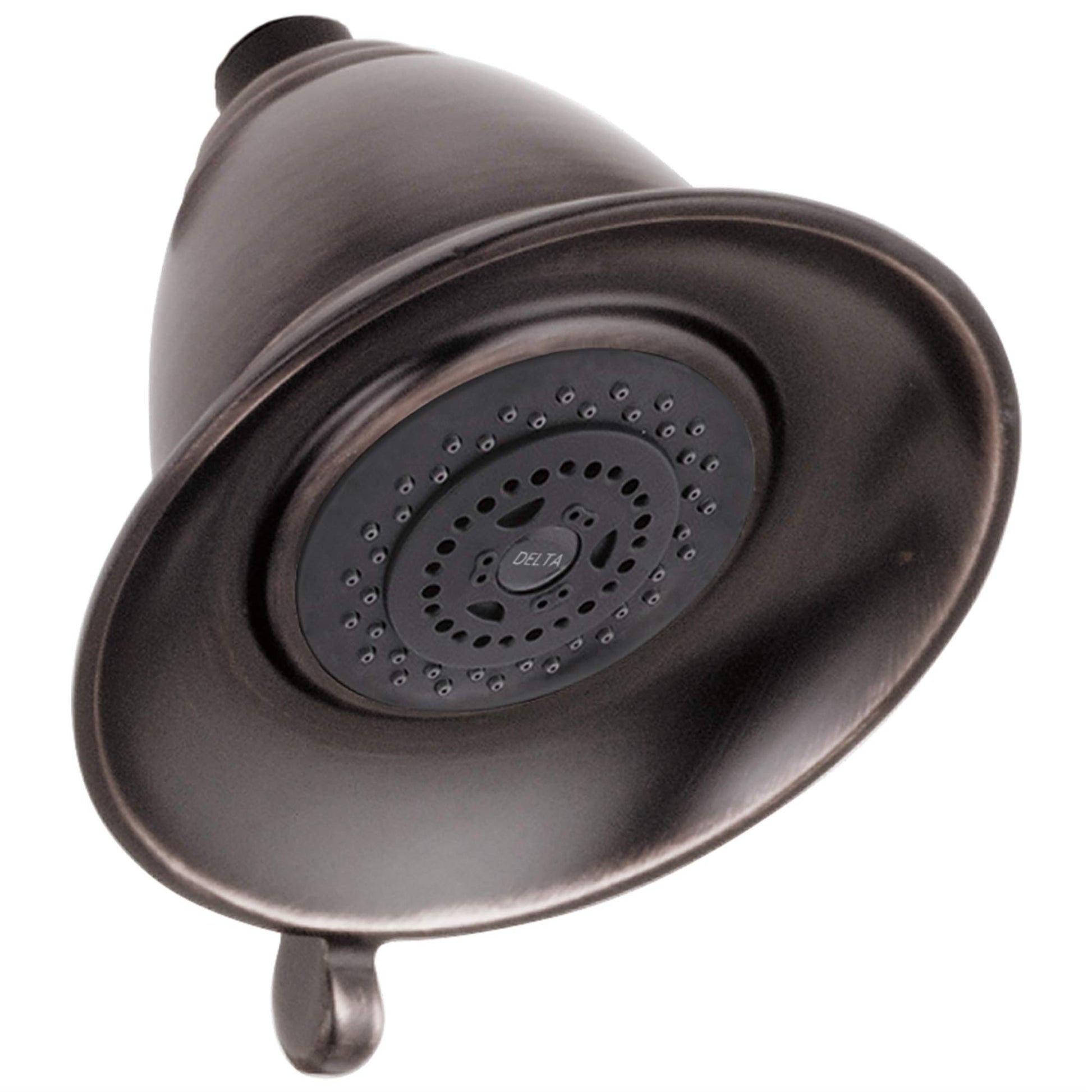 Venetian bronze round shower head with multiple spray holes and Delta branding on center dial.