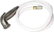 Stainless steel spray head with black trigger handle connected to white hose and brass fitting.