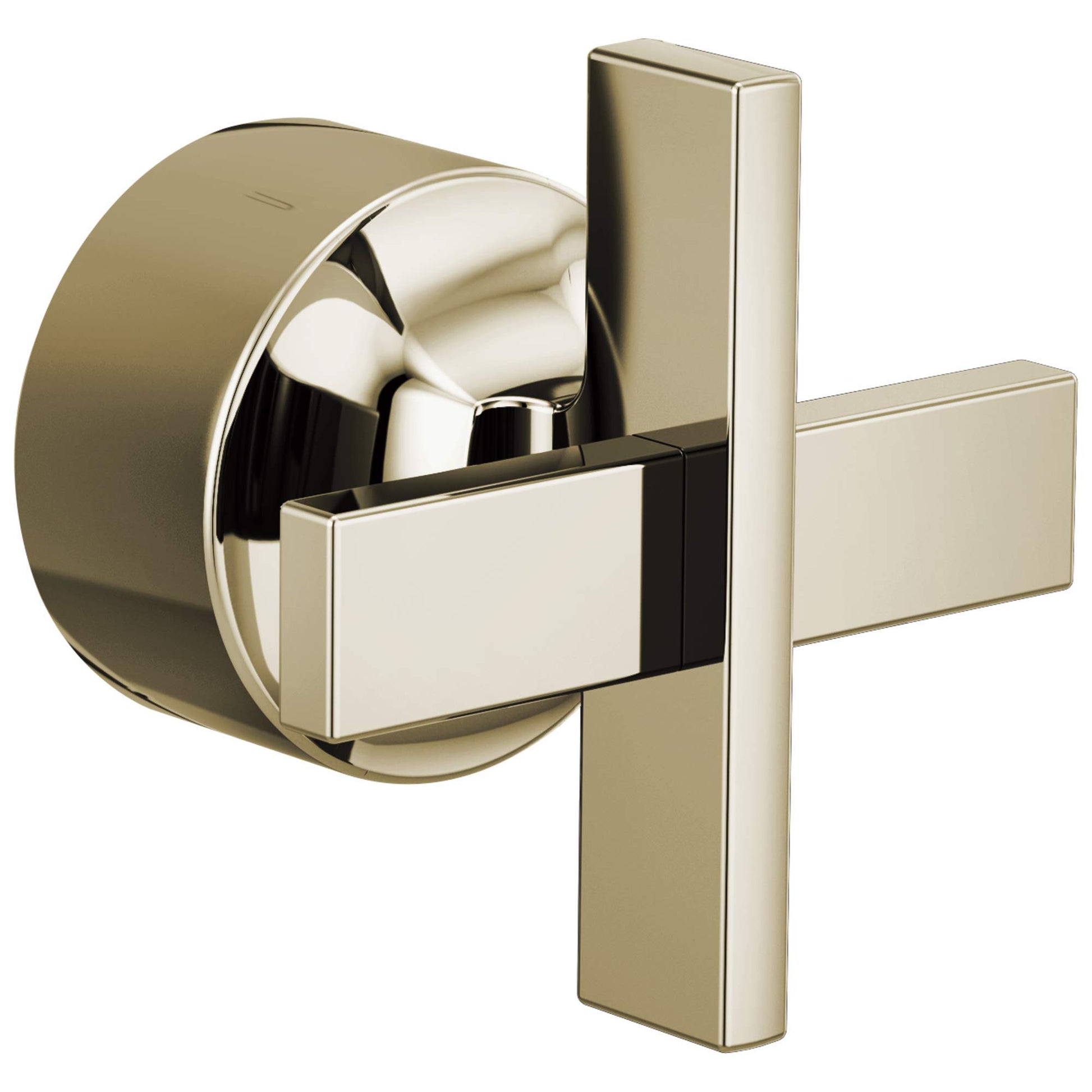 Champagne bronze pressure balance valve trim with cross handle and circular trim ring.
