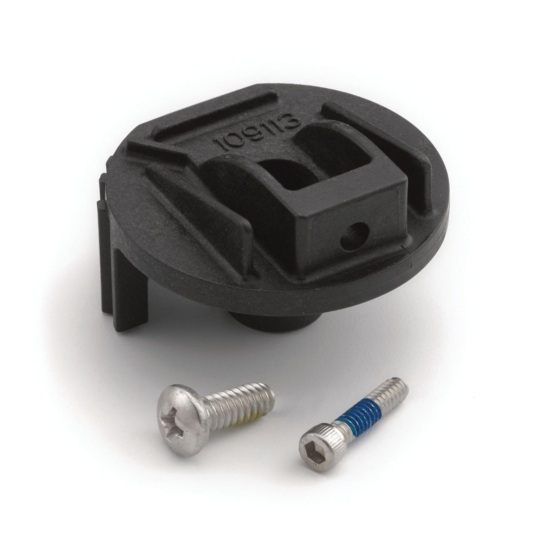 Black plastic handle adapter with mounting slots and two screws, one chrome and one chrome with blue band.