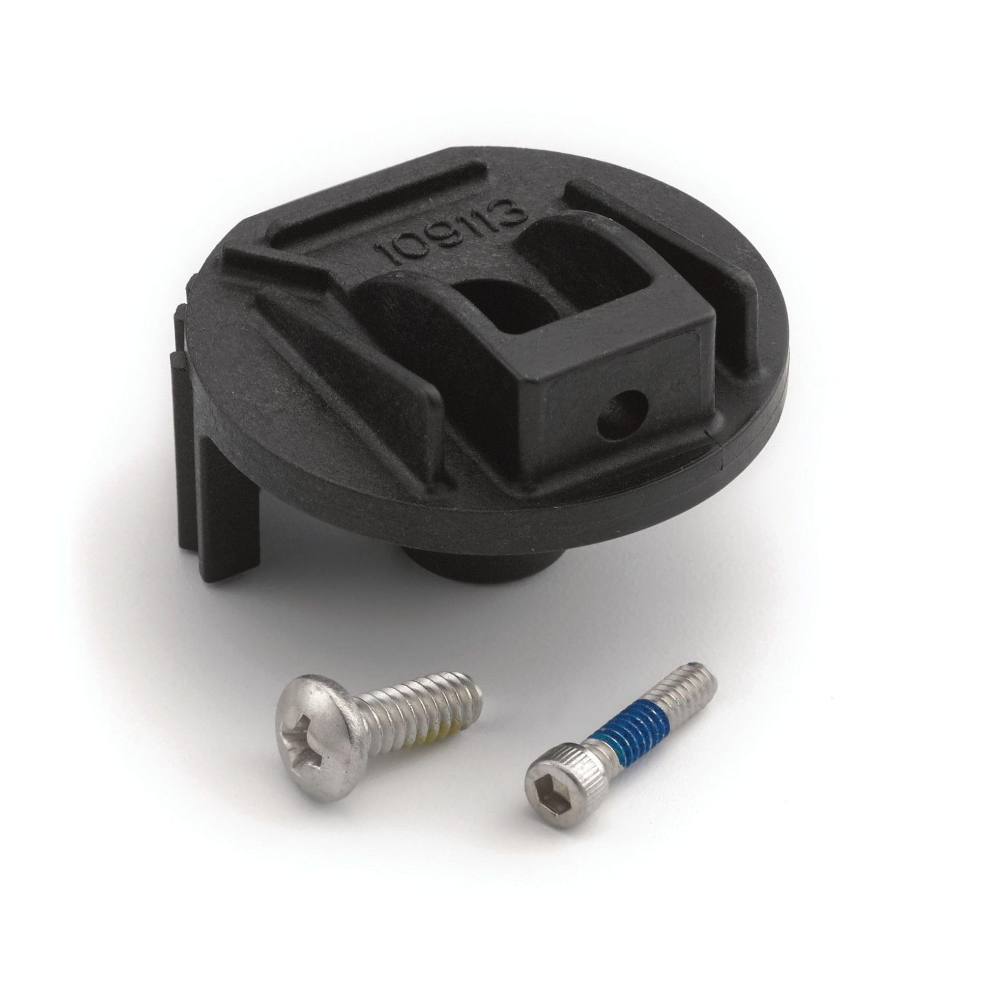 Black plastic handle adapter with mounting slots and two screws, one chrome and one chrome with blue band.