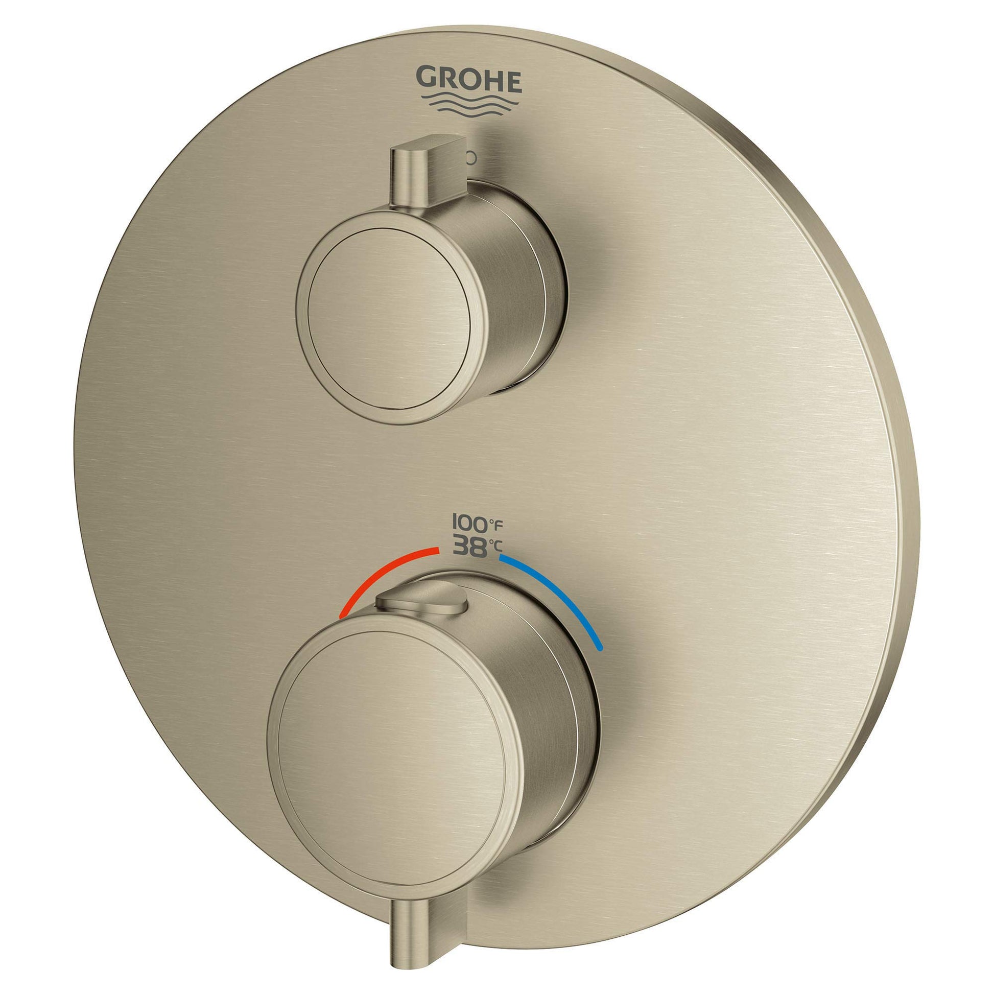 Grohe brushed nickel thermostatic valve trim with two circular handles and temperature indicator markings.