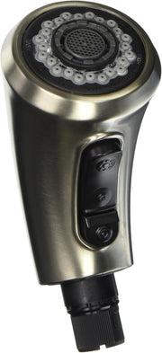 Stainless steel faucet wand assembly with multi-spray showerhead, control buttons, and hose attachment.