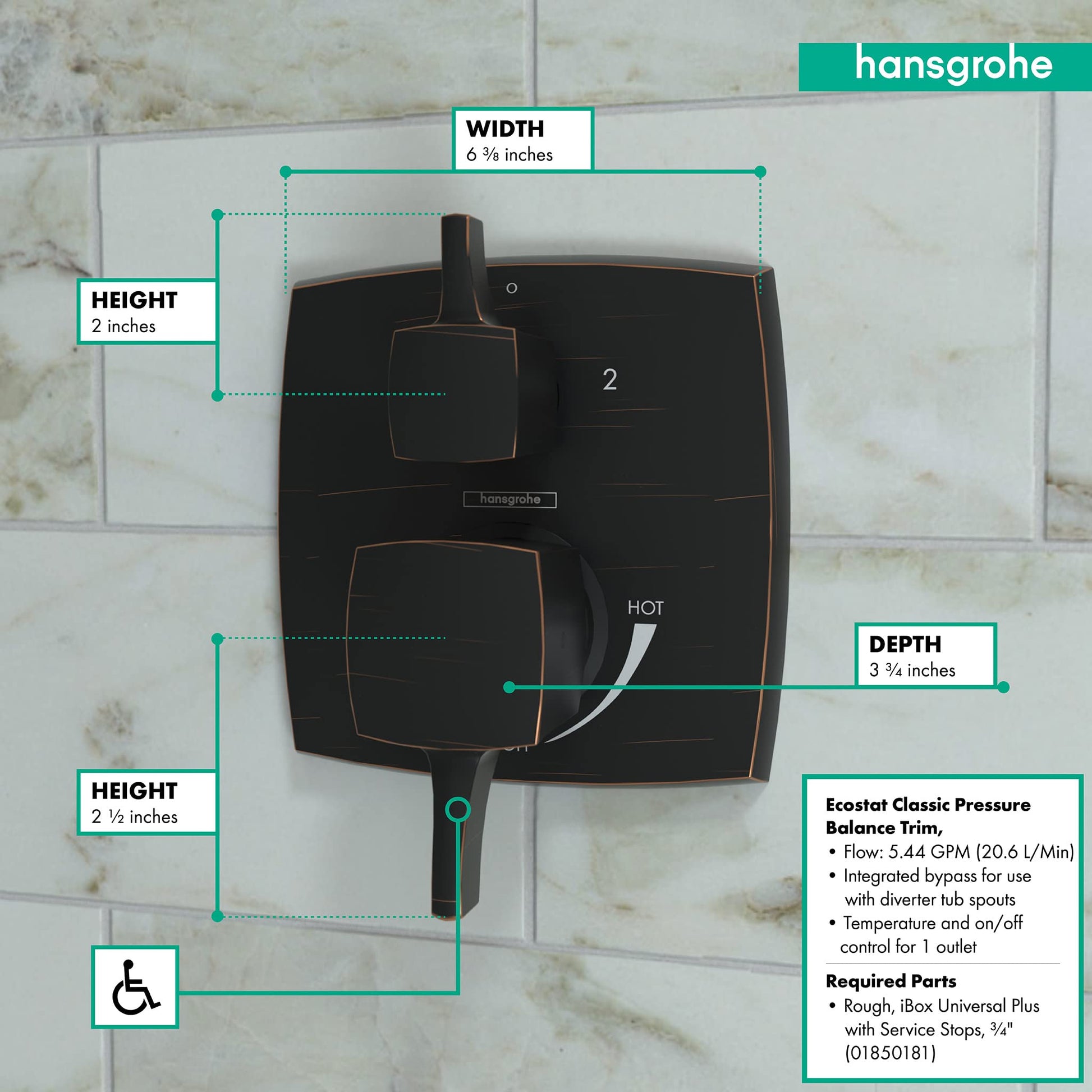 Hansgrohe Ecostat Classic rubbed bronze square pressure balance trim with diverter and single lever handle mounted on tile wa