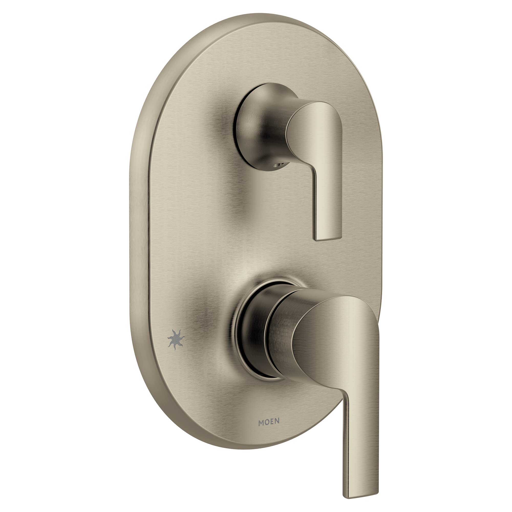 Brushed nickel shower trim with two lever handles and integrated valve on oval backing plate.