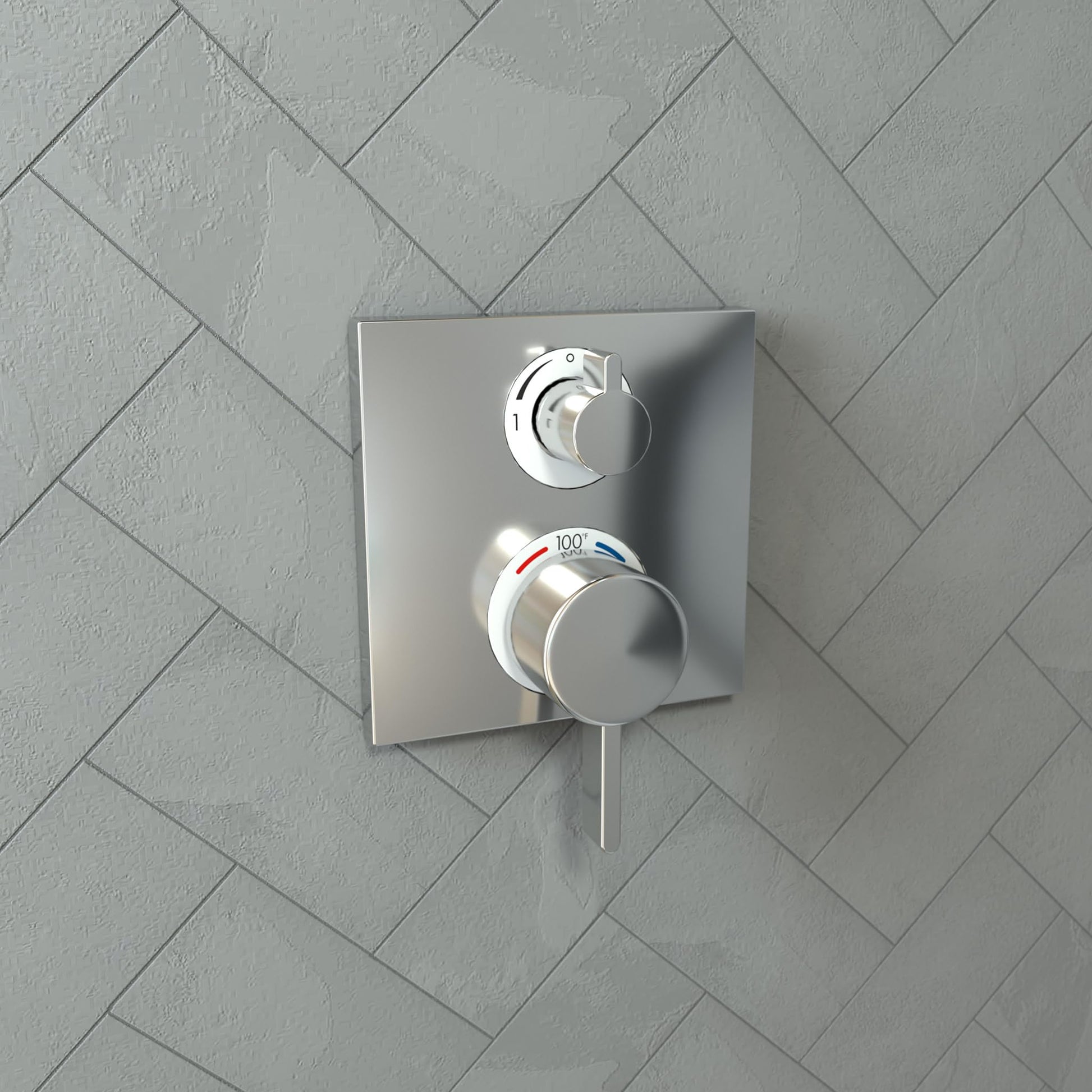 Chrome thermostatic shower valve trim with square escutcheon plate, featuring upper temperature control dial and lower volume