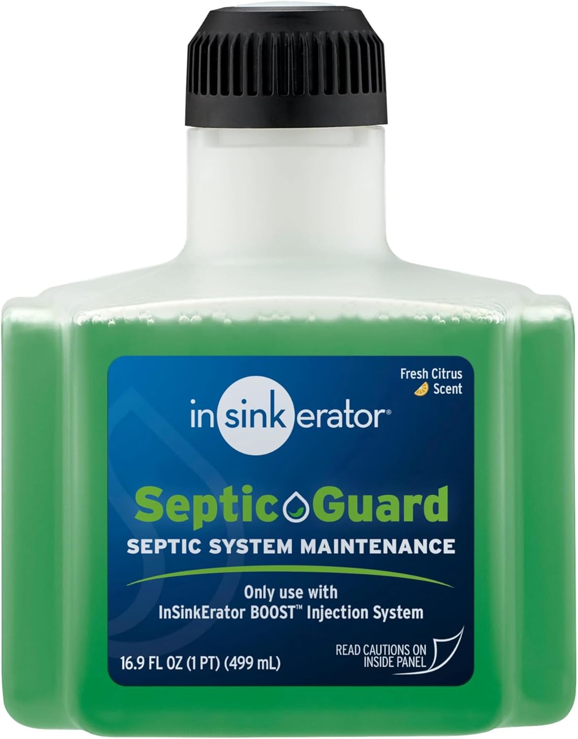 Green liquid cartridge with black cap labeled InSinkErator Septic Guard, 16.9 fl oz, Fresh Citrus Scent.