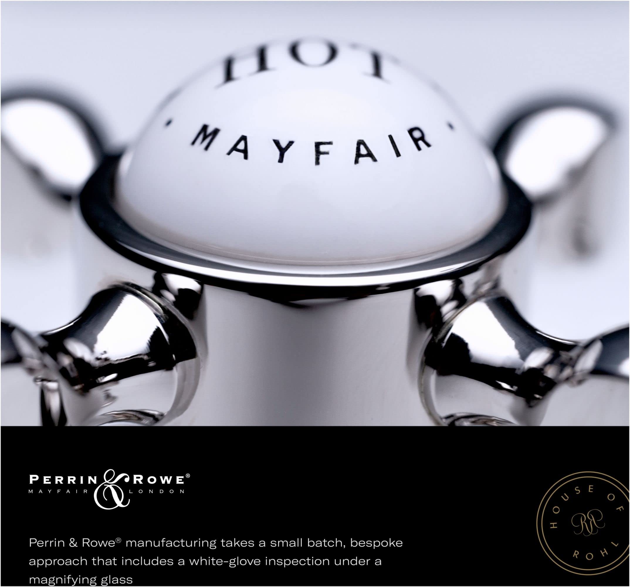 White dome-shaped AC power adapter with black handles and ROHL and Mayfair branding.