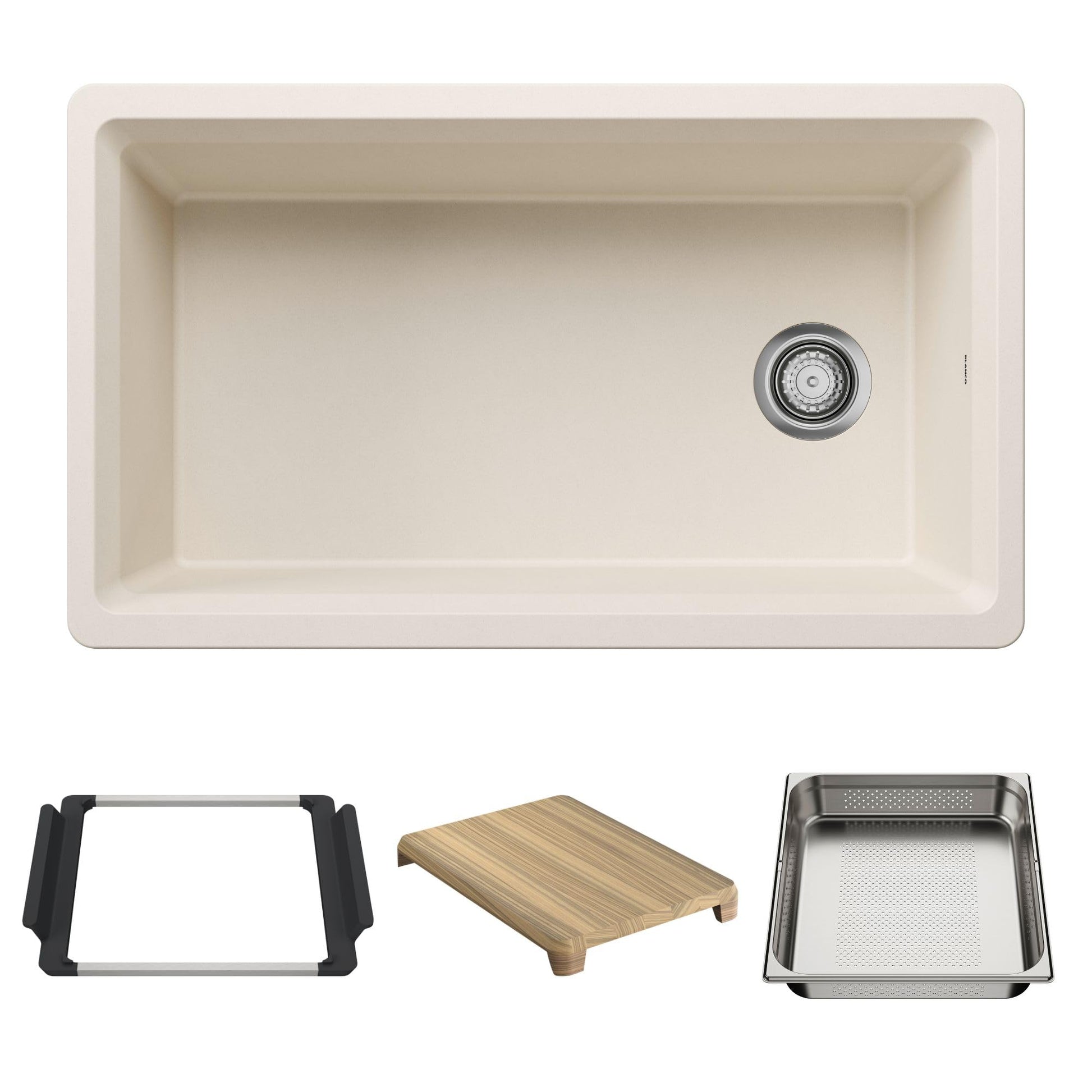Soft white single bowl undermount sink with drain strainer and reversible wooden cutting board and stainless steel colander a