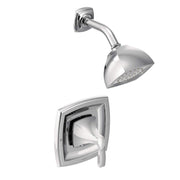 Chrome Moen Posi Temp shower trim kit with curved showerhead and square valve handle.
