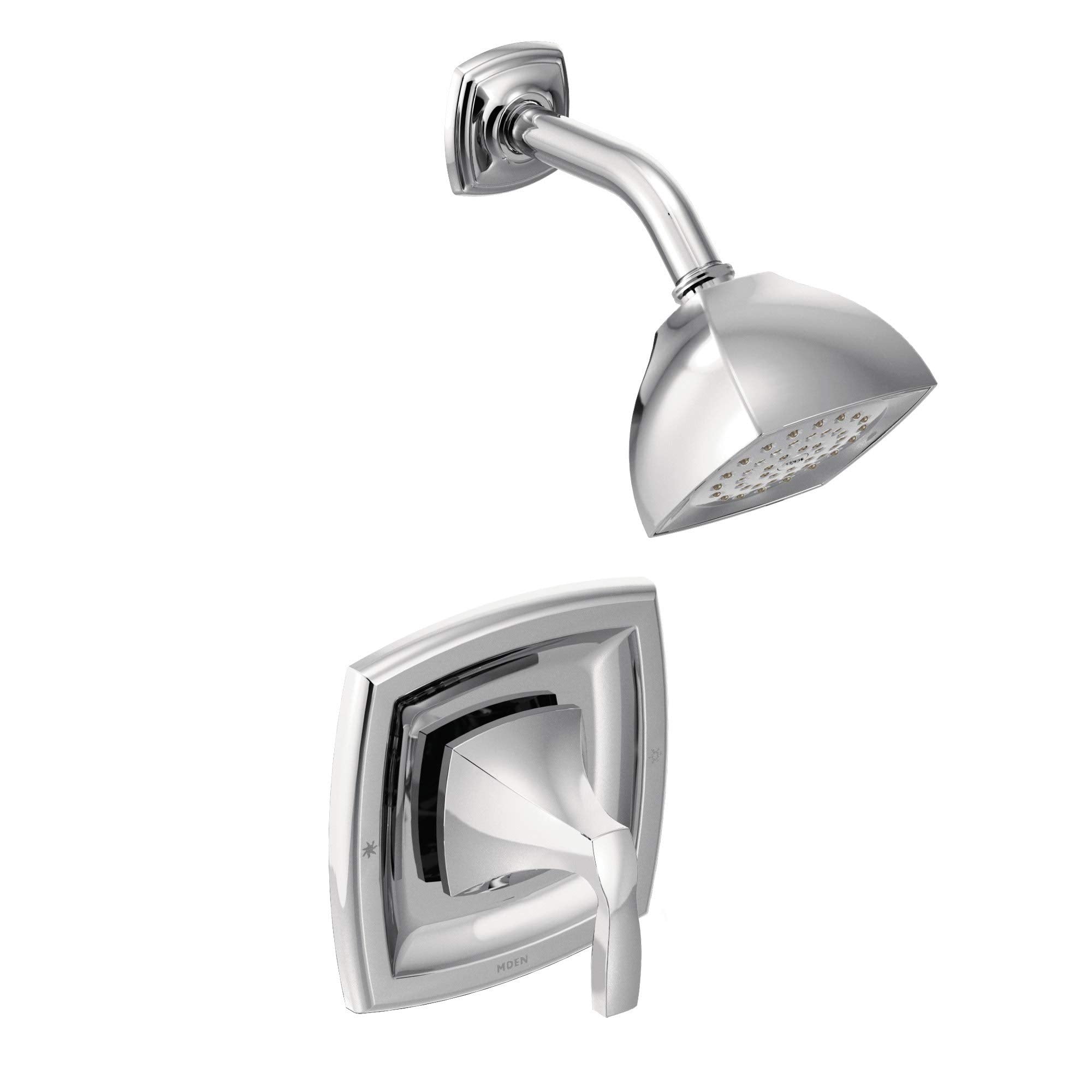 Chrome Moen Posi Temp shower trim kit with curved showerhead and square valve handle.