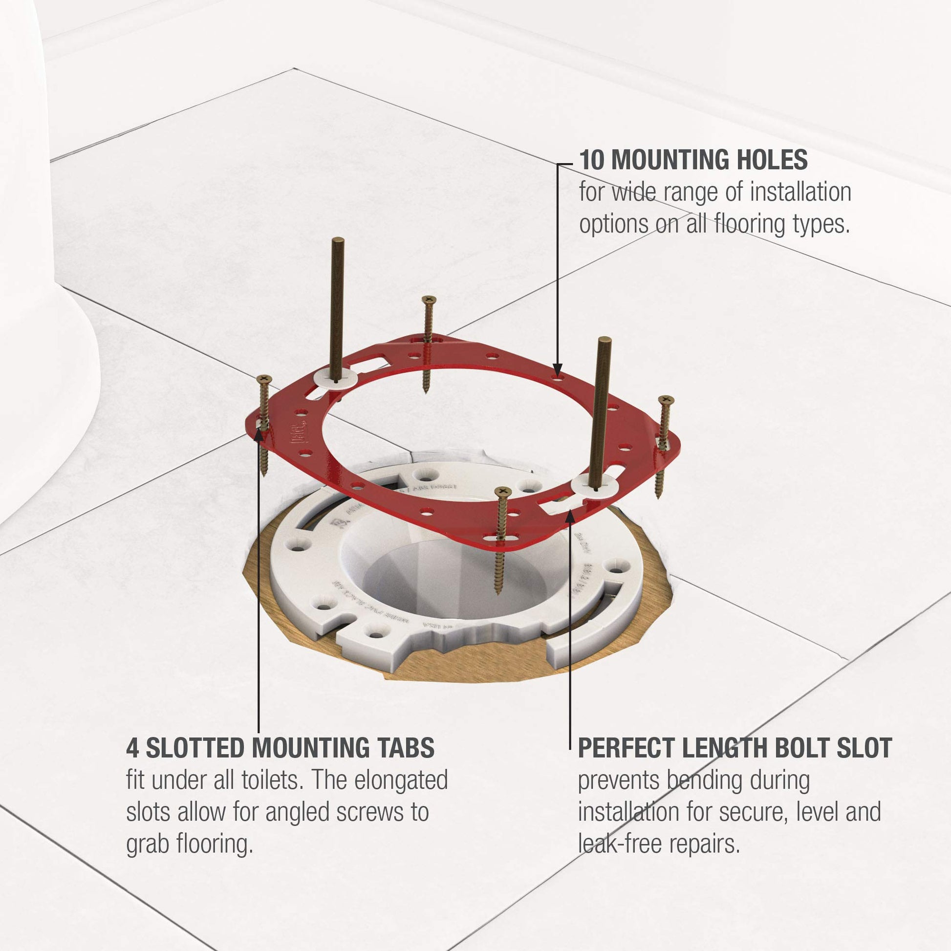 Red toilet flange repair ring with 10 mounting holes and 4 slotted tabs, shown installed over white base ring with bolts.