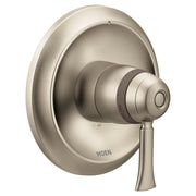 Brushed nickel shower valve trim with round escutcheon plate and single lever handle.