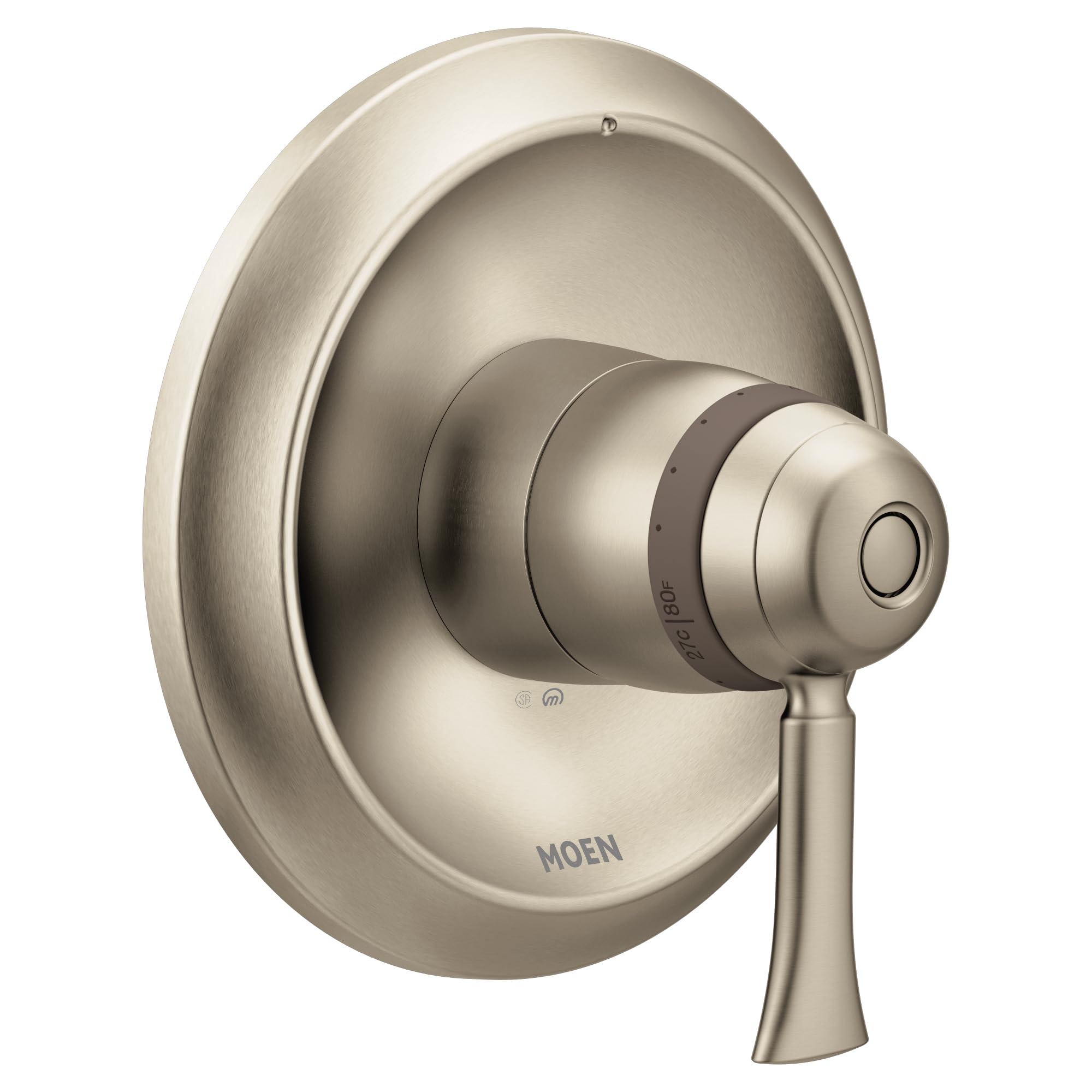 Brushed nickel shower valve trim with round escutcheon plate and single lever handle.
