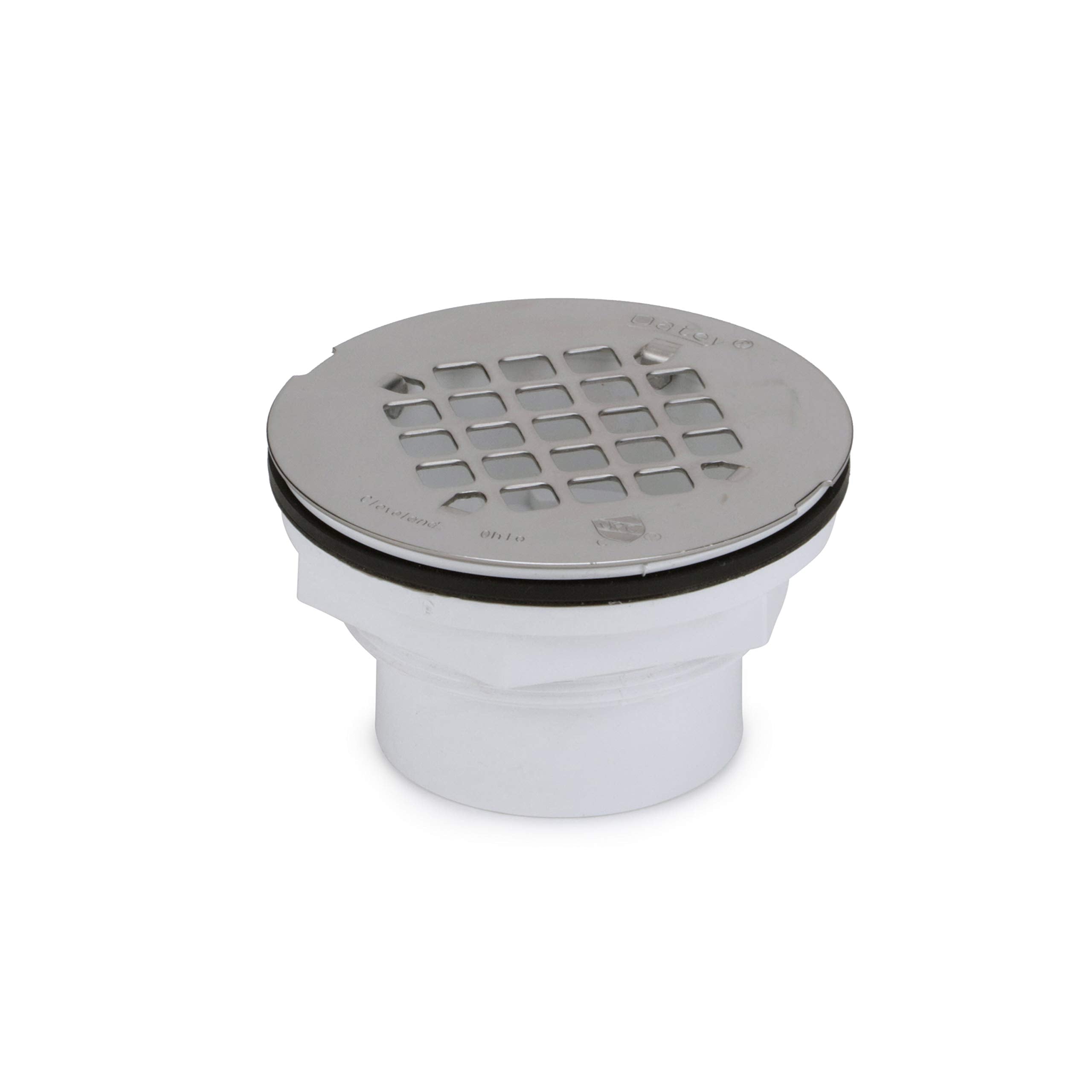 White PVC shower drain with square-pattern stainless steel strainer top and black rubber seal ring.