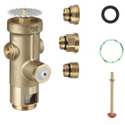 Grohe Rondo brass wall carrier toilet flush valve with chrome finish, shown with threaded connectors, seals, and mounting har
